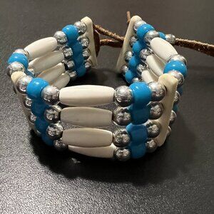 Boho Leather Beaded Bracelet - Blue, White, Silver Beads, Leather Closure